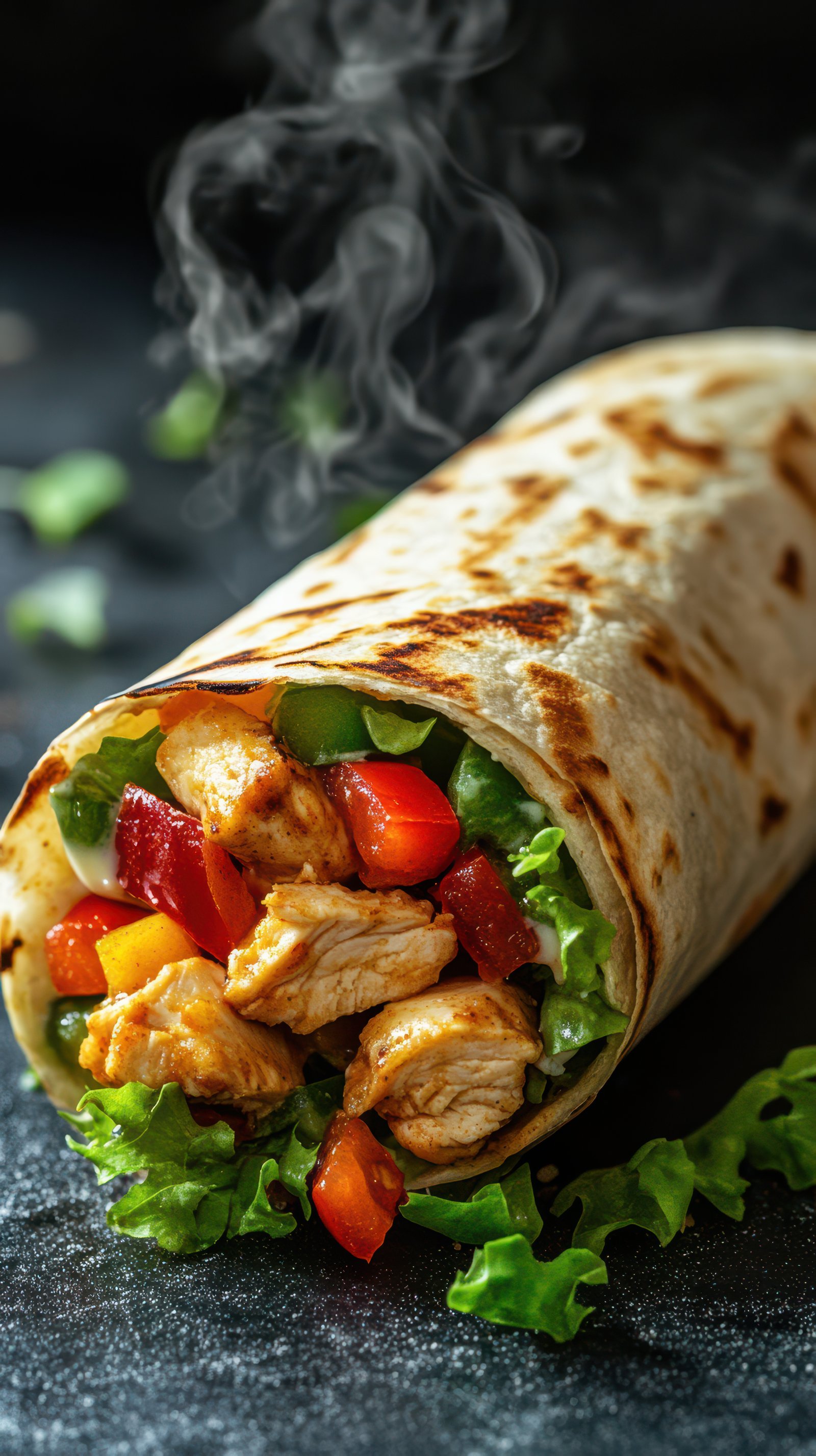 Delicious grilled chicken wrap with fresh vegetables served on a dark background